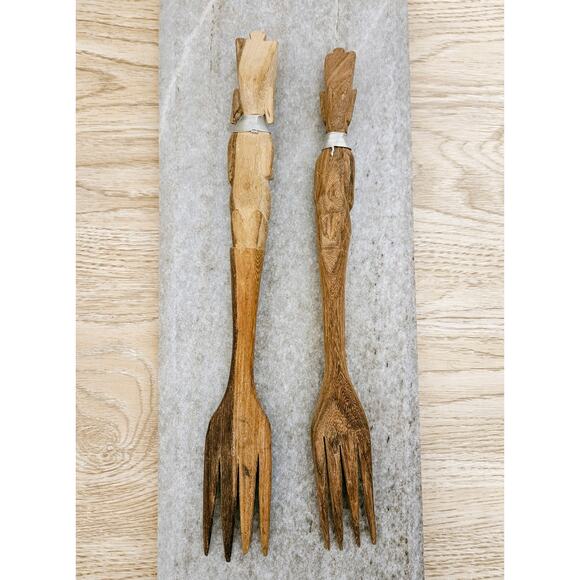 Vintage African Hand Carved Wooden Fork Set  14" Long Lot of 2 - Picture 2 of 4